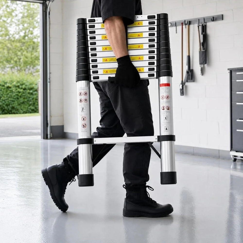 Retracted telescopic ladder being carried by its handle in the garage