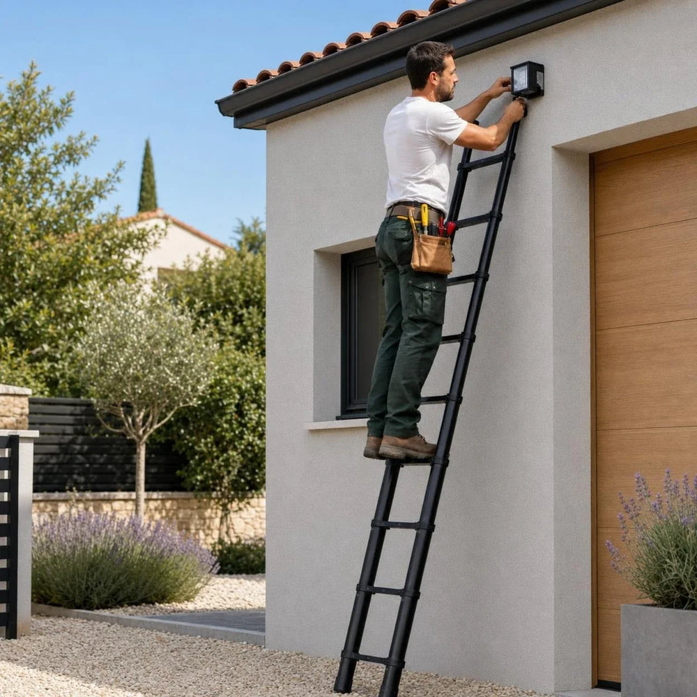 Black telescopic ladder against a house wall while an outdoor light is being fitted