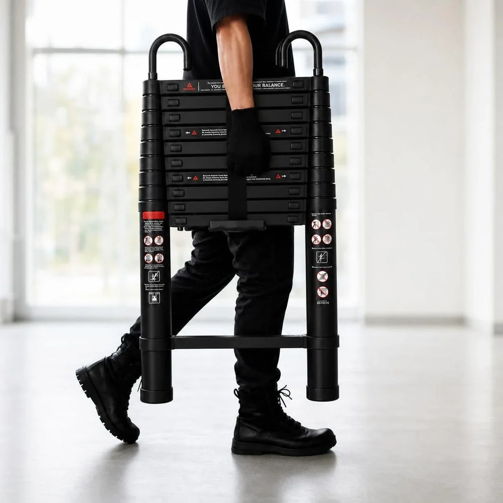 Telescopic ladder 3.2 m Black Pro, retracted, carried by its handle