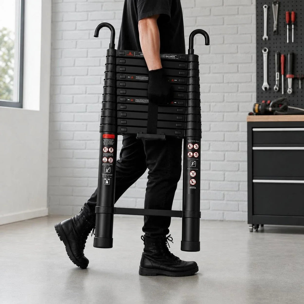 Telescopic ladder 5 m Black Pro, retracted, carried by its handle