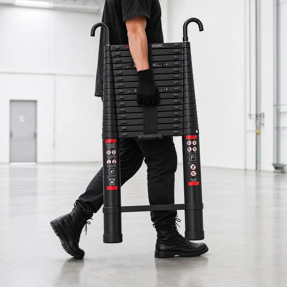 Telescopic ladder 6.2 m Black Pro, retracted, carried by its handle