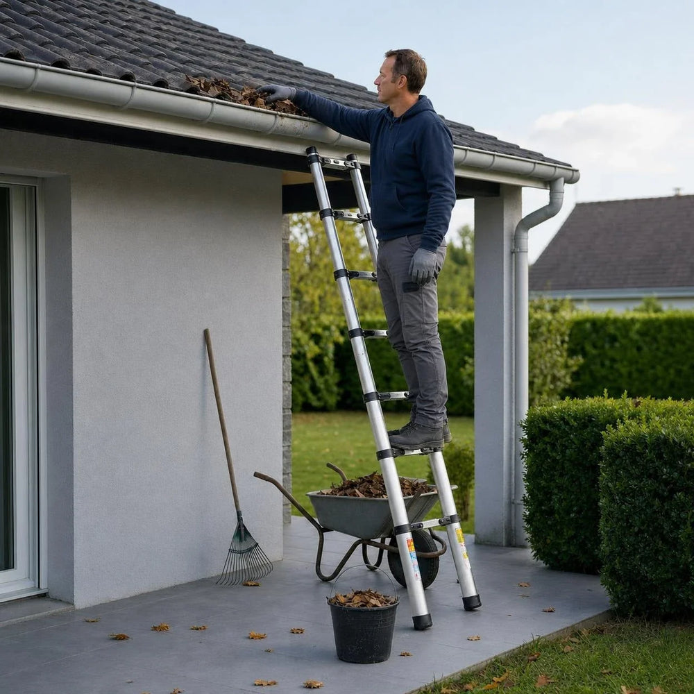 Telescopic ladder 2.6 m Pro being used to clean the gutter