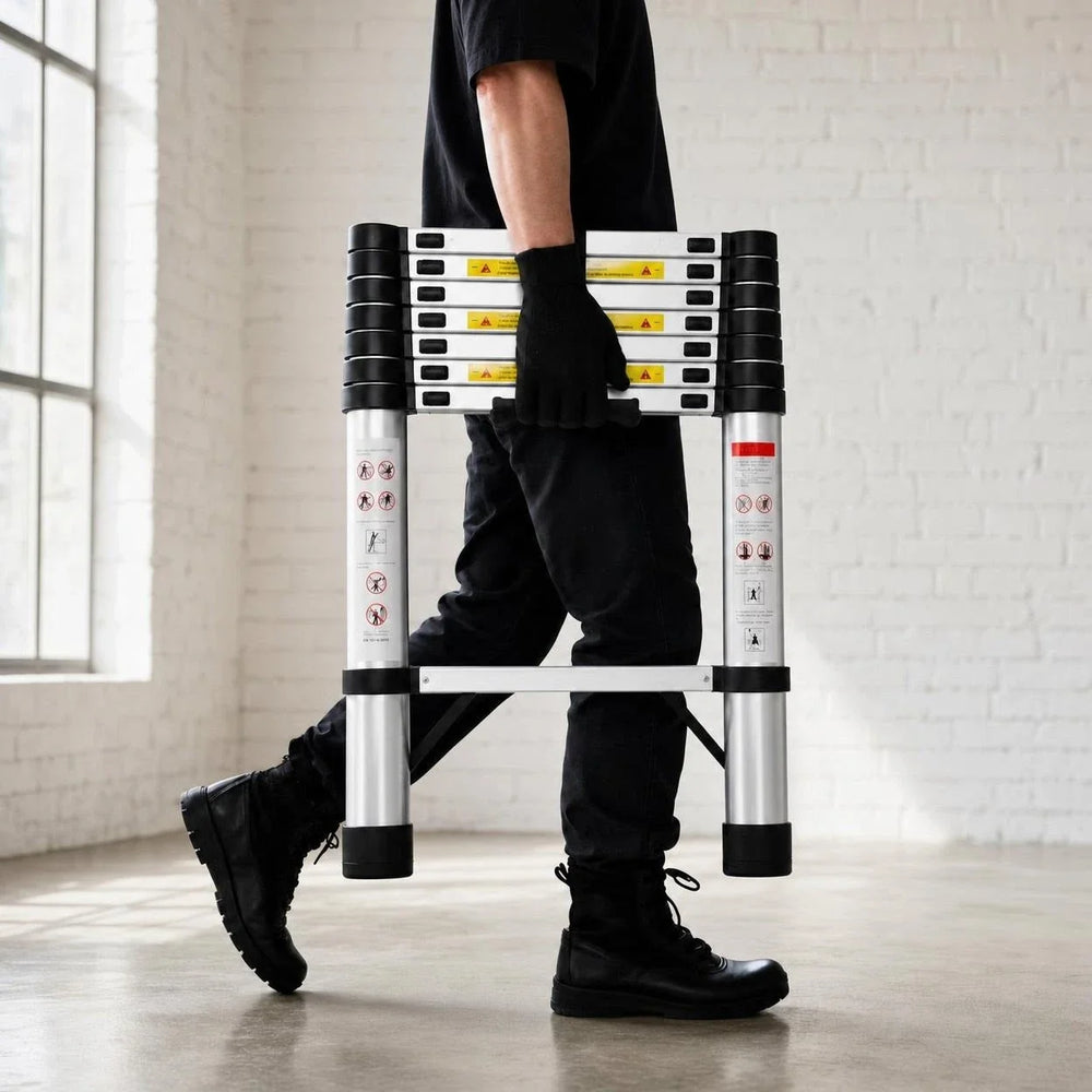 Telescopic ladder 2.6 m Pro, retracted, carried by its handle