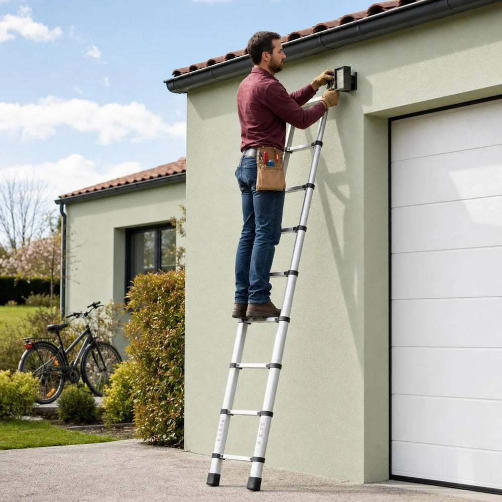 Telescopic ladder 3.8 m Pro, extended, against the façade next to the garage door