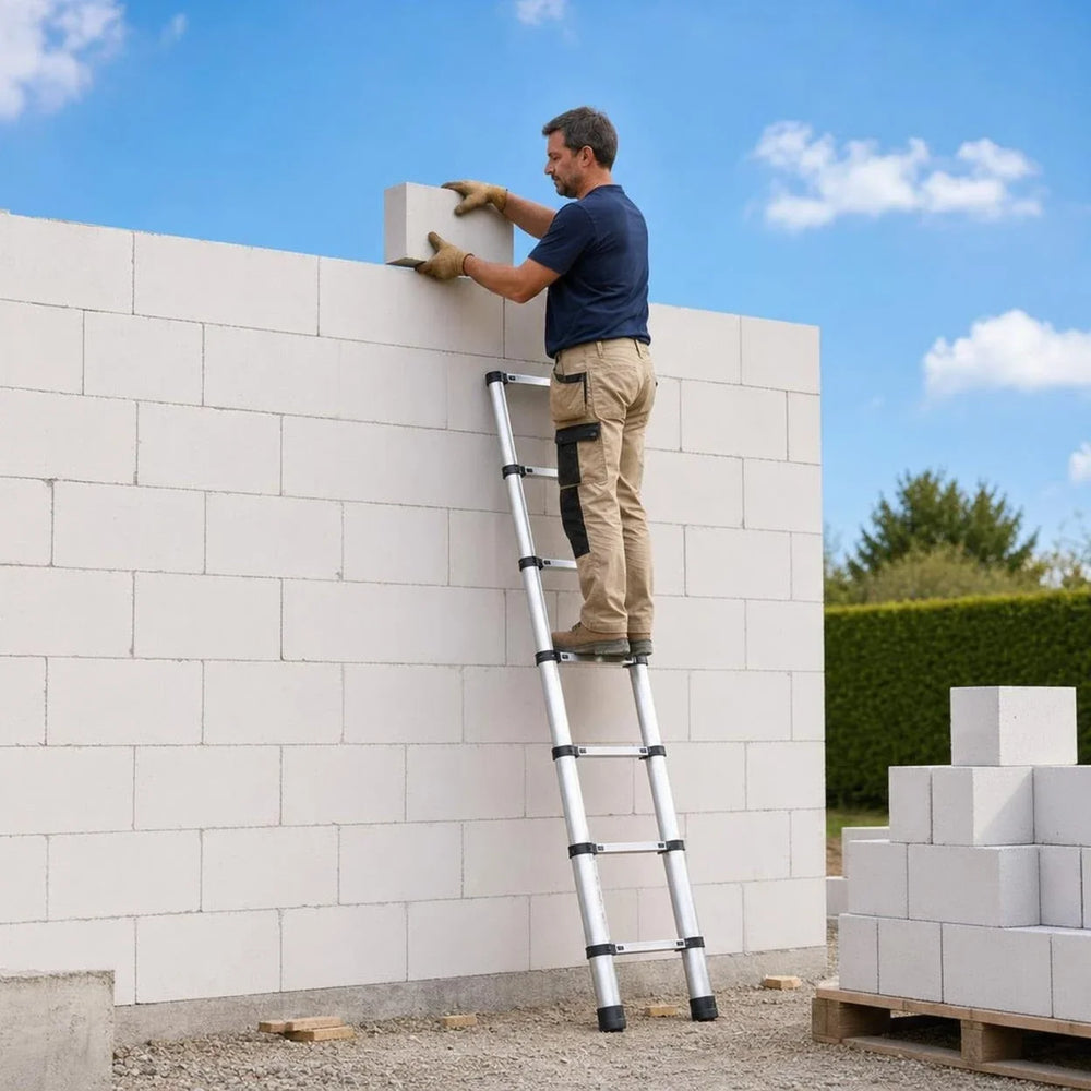 Tradesperson on the telescopic ladder 3.2 m Pro laying bricks on a building site