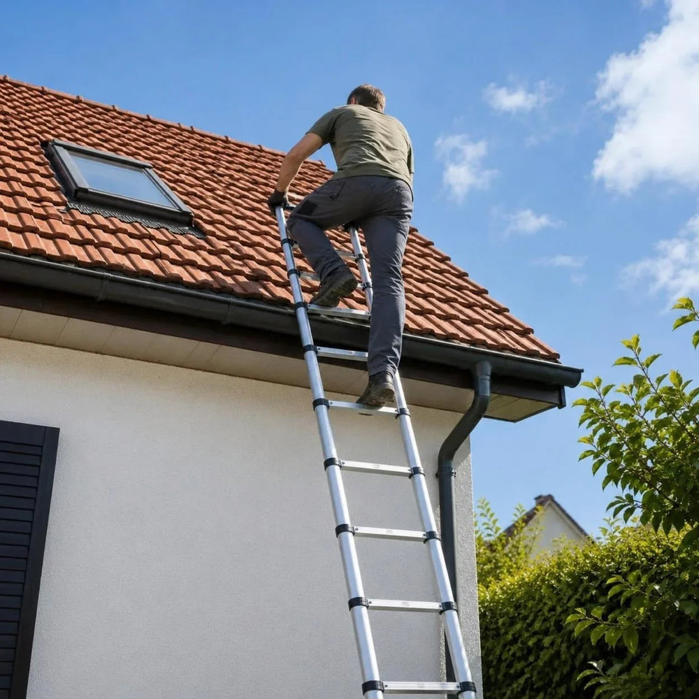Telescopic ladder 4.4 m Pro at the roof, climbing up to the gutter