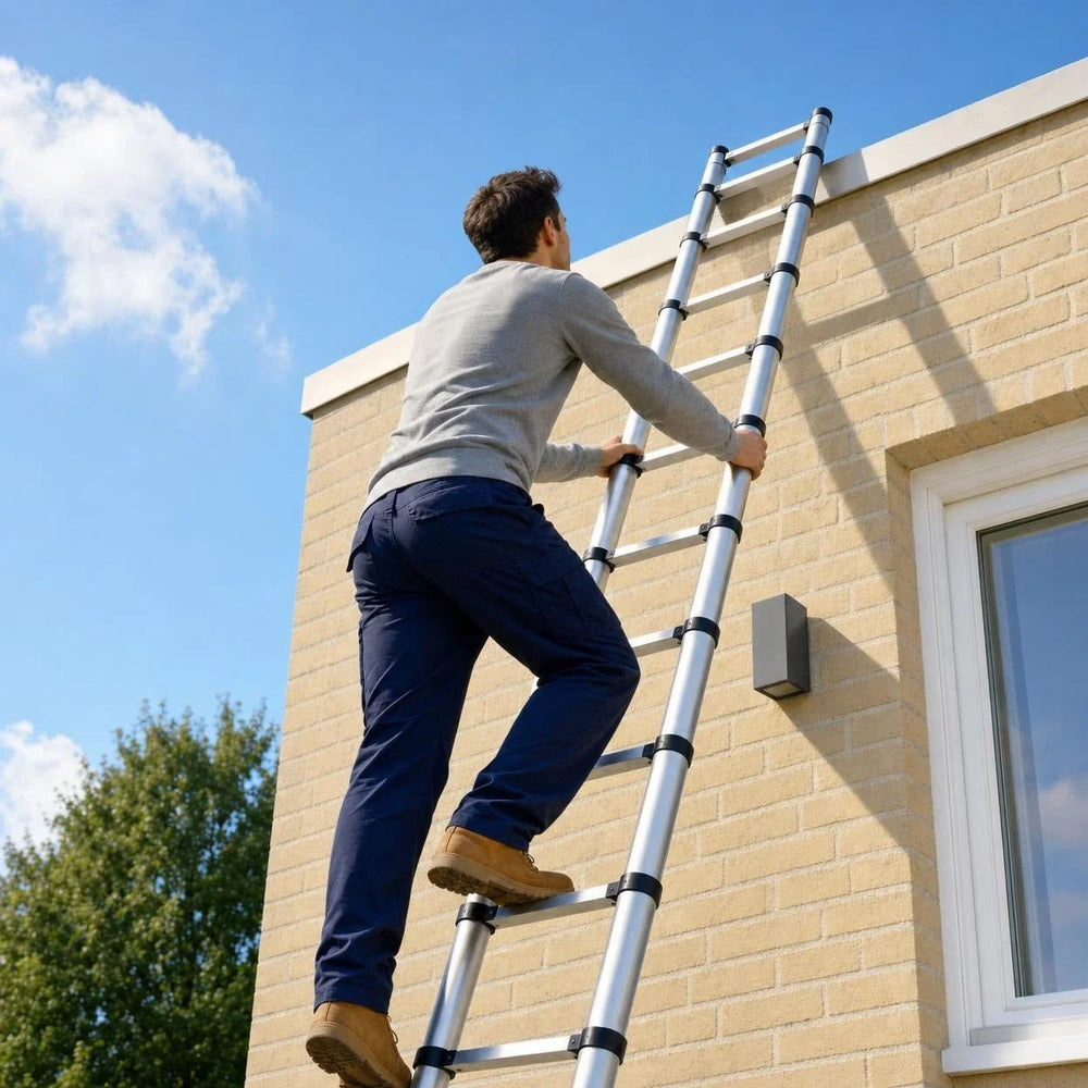 Telescopic ladder 5.1 m Pro in use against a clinker brick façade