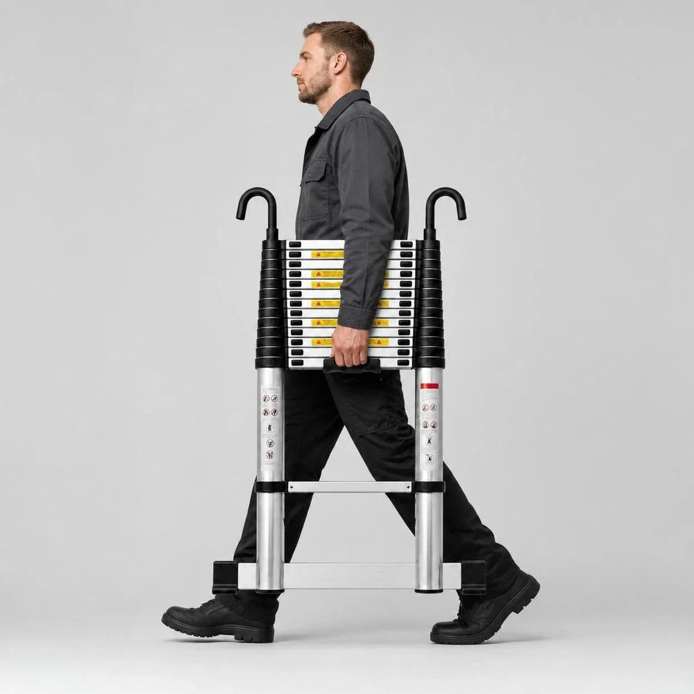 Tradesperson carrying the retracted telescopic ladder 6.2 m Pro