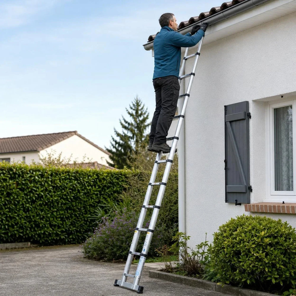 Telescopic ladder 6.2 m Pro at the gutter of a detached house