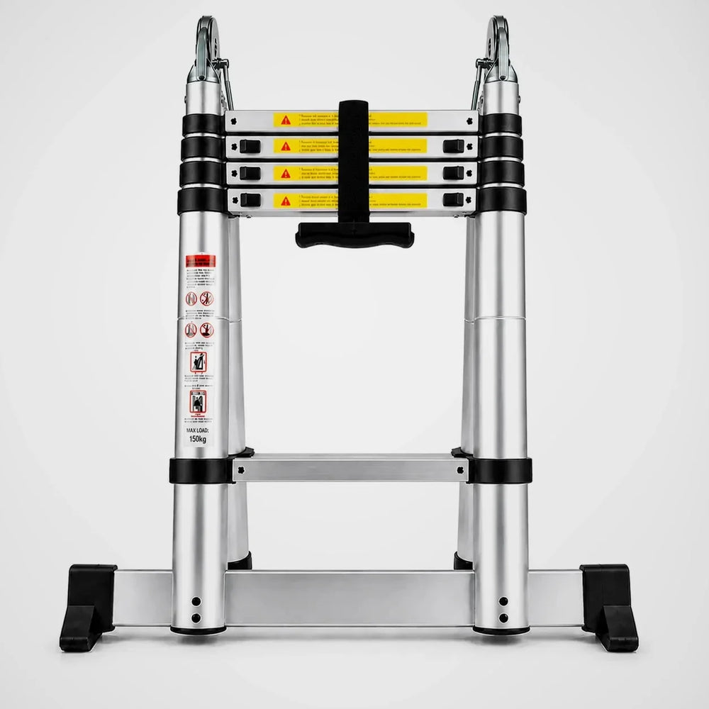 Multi-purpose telescopic ladder 3.8 m in silver, folded – front view