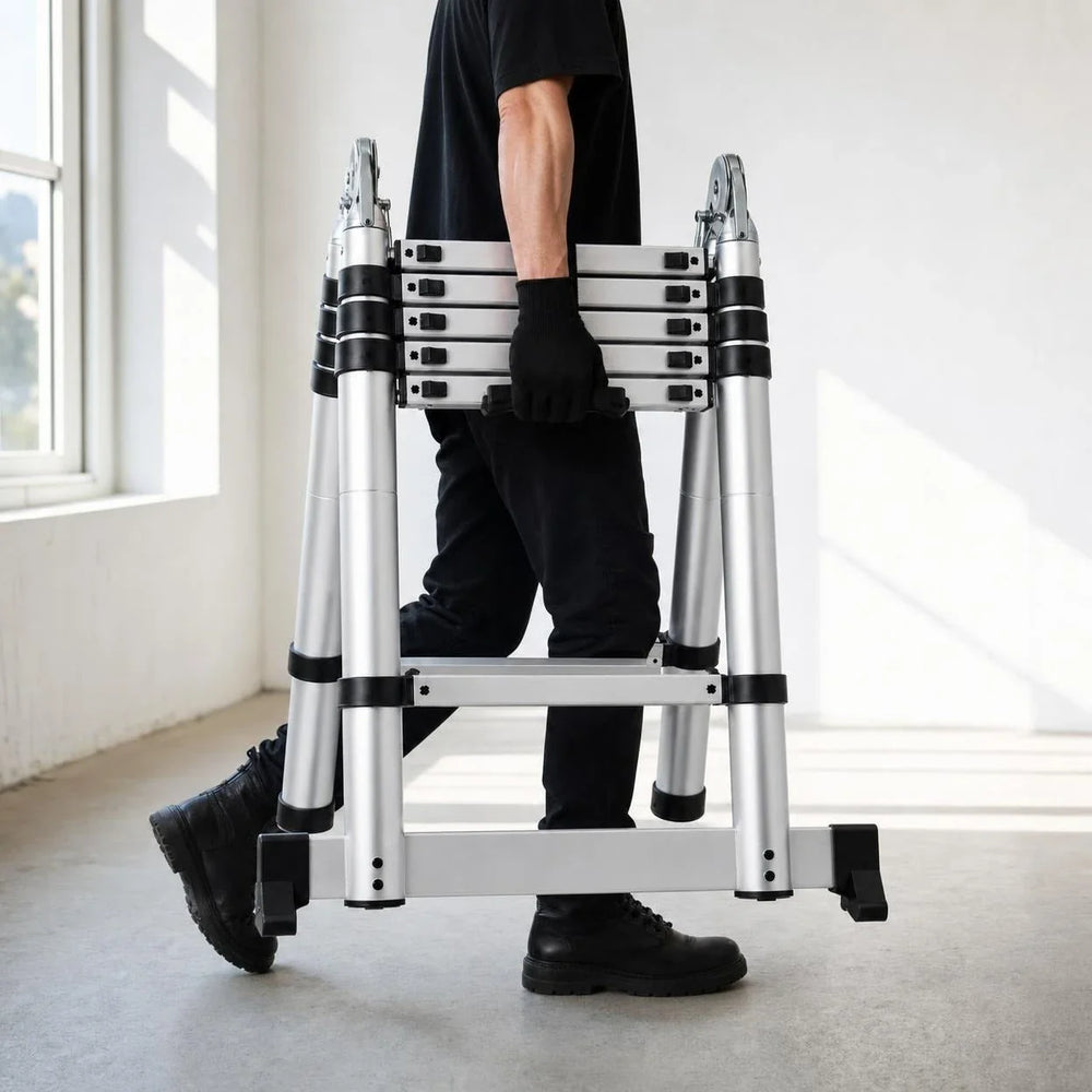 Multi-purpose telescopic ladder 3.8 m, folded, being carried