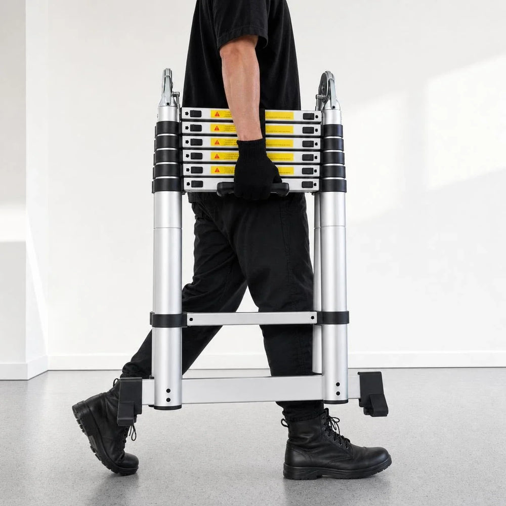 Multi-purpose telescopic ladder 5 m, folded, being carried