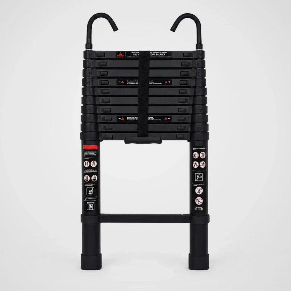 Telescopic ladder 3.2 m Black Pro with roof hooks, retracted – front view