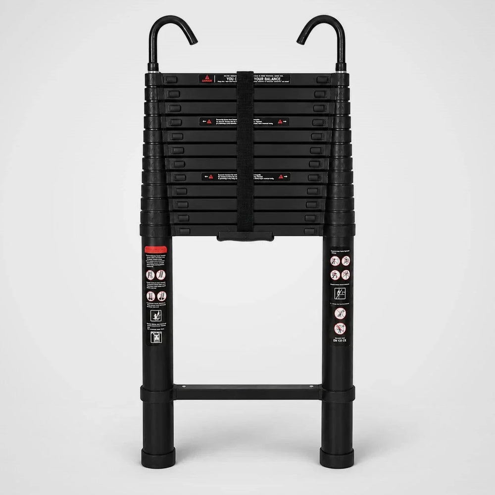 Telescopic ladder 5 m Black Pro with roof hooks, retracted – front view