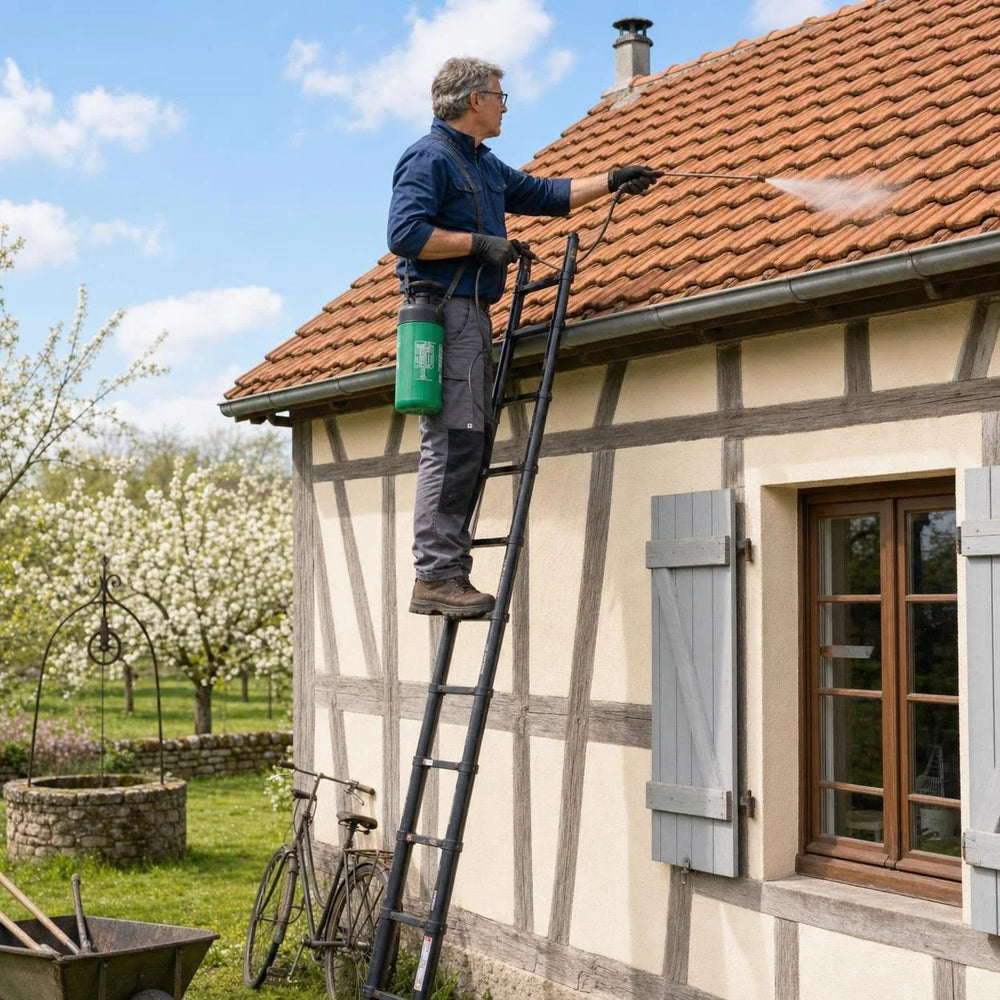 Black telescopic ladder against a half-timbered house during roof maintenance