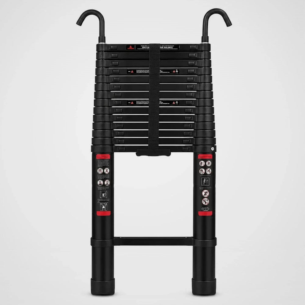 Telescopic ladder 6.2 m Black Pro with roof hooks, retracted – front view