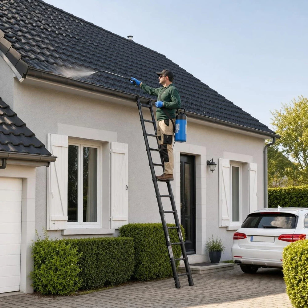 Black telescopic ladder 6.2 m against the roof of a detached house