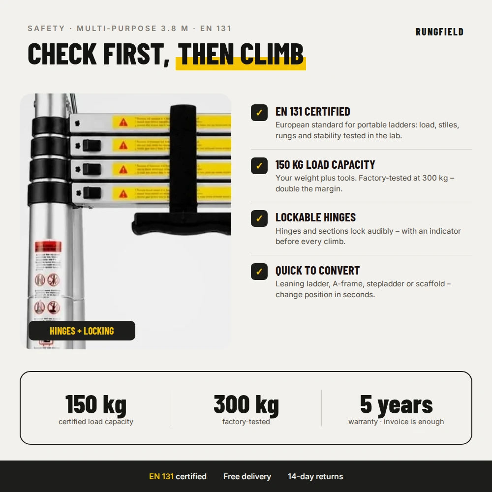 Multi-purpose ladder 3.8 m – safety: EN 131, 150 kg, locking mechanism