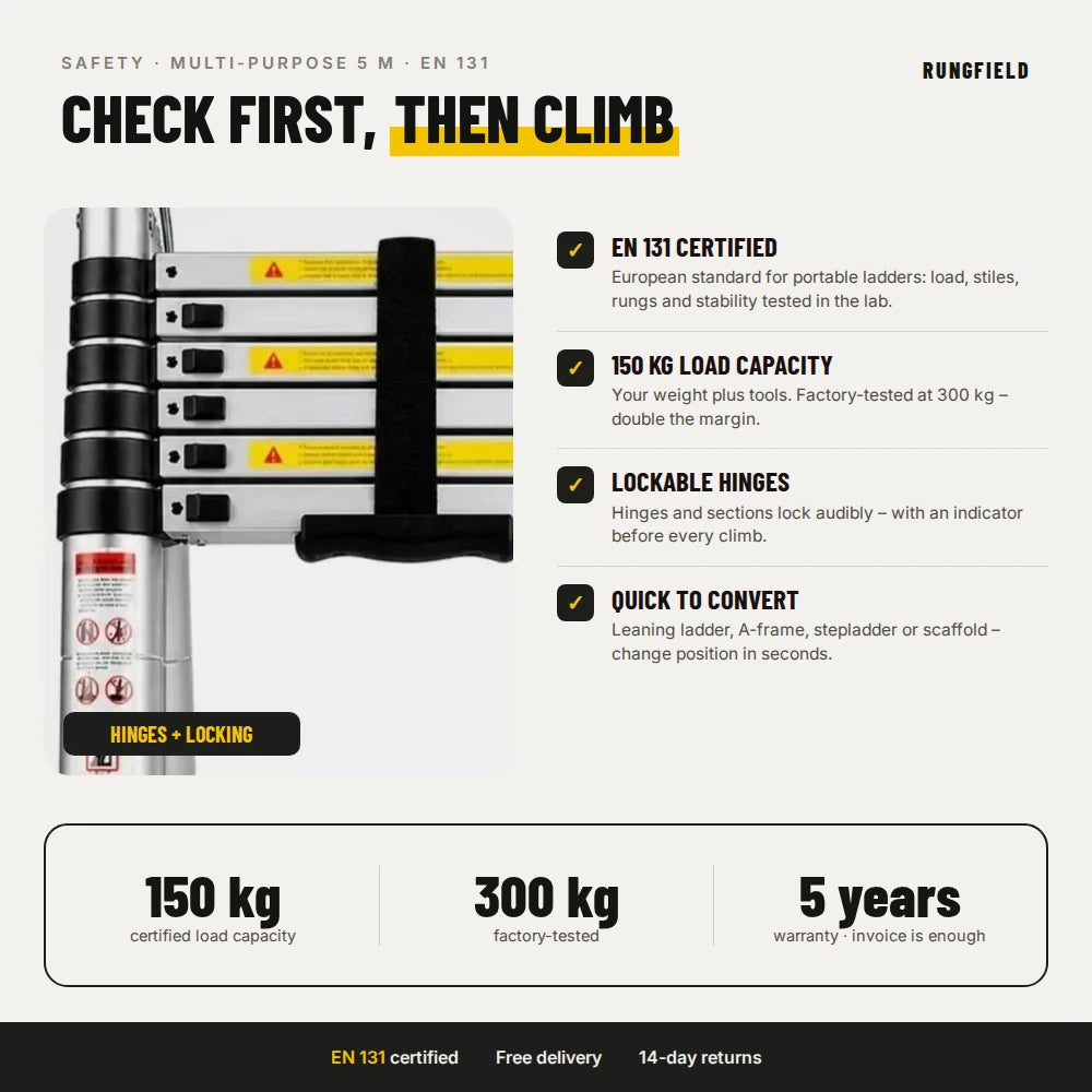 Multi-purpose ladder 5 m – safety: EN 131, 150 kg, locking mechanism
