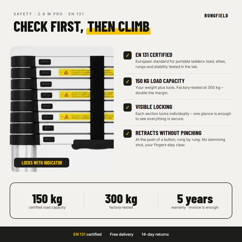Telescopic ladder 2.6 m Pro – safety: EN 131, 150 kg, locking mechanism