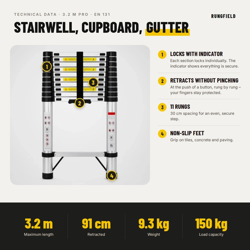 Telescopic ladder 3.2 m Pro – technical data