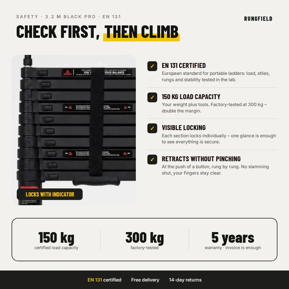 Telescopic ladder 3.2 m Black Pro – safety: EN 131, 150 kg, locking mechanism