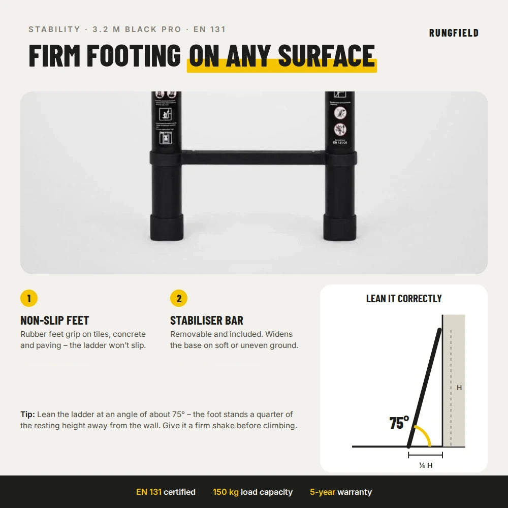 Telescopic ladder 3.2 m Black Pro – stability: non-slip feet and 75° leaning angle