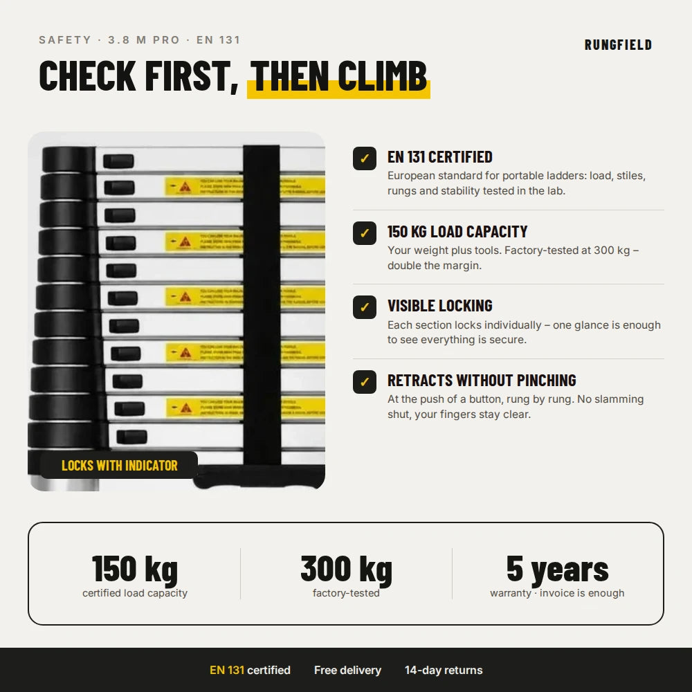 Telescopic ladder 3.8 m Pro – safety: EN 131, 150 kg, locking mechanism