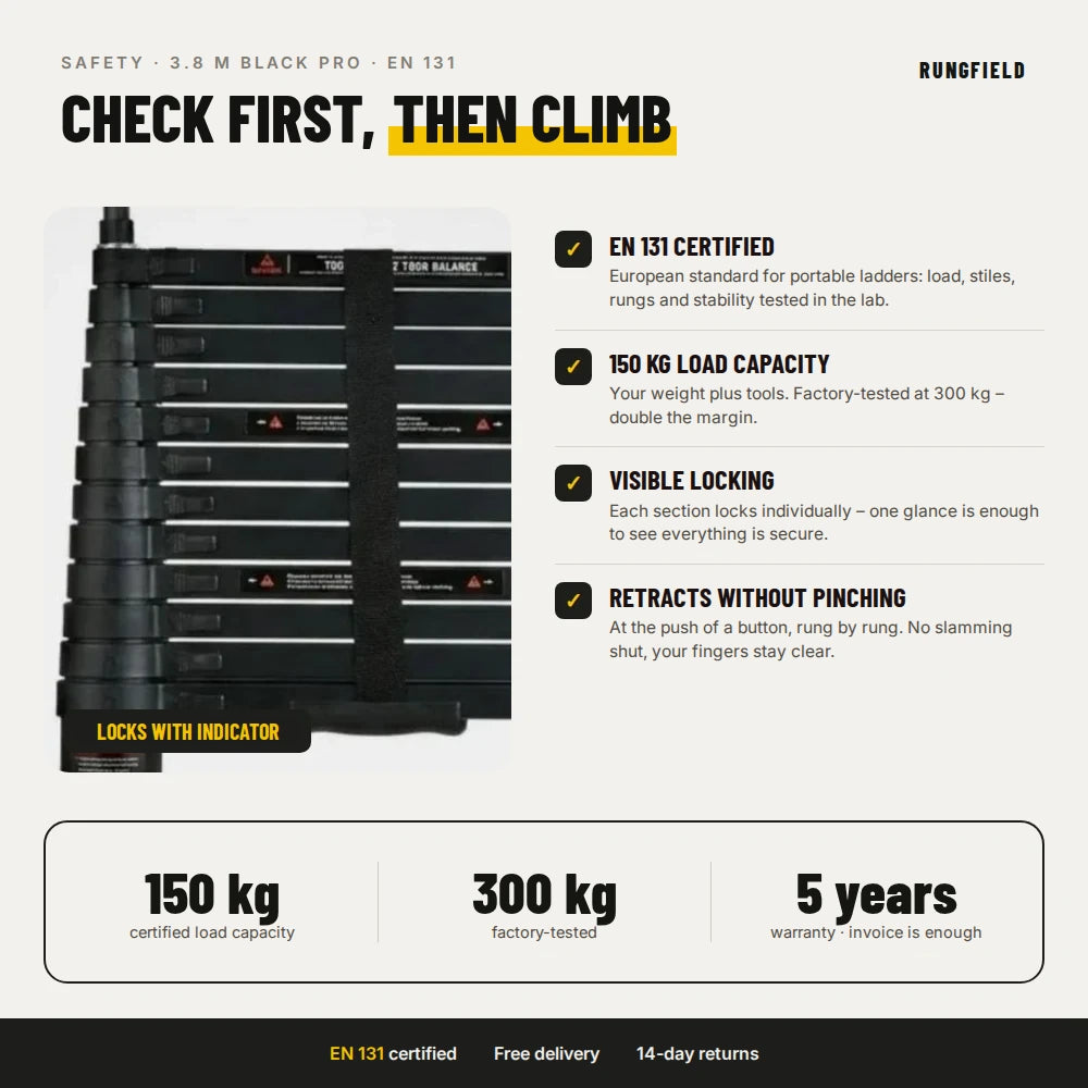 Telescopic ladder 3.8 m Black Pro – safety: EN 131, 150 kg, locking mechanism