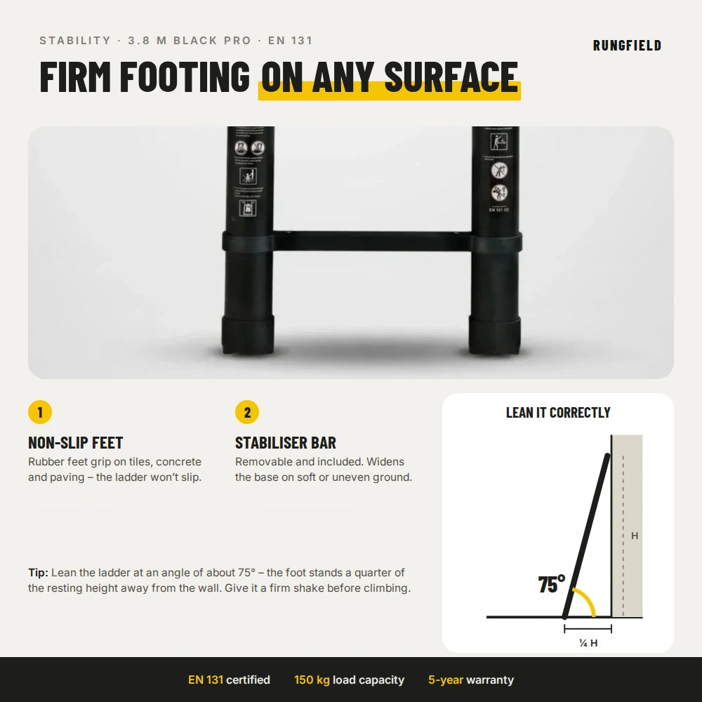 Telescopic ladder 3.8 m Black Pro – stability: non-slip feet and 75° leaning angle