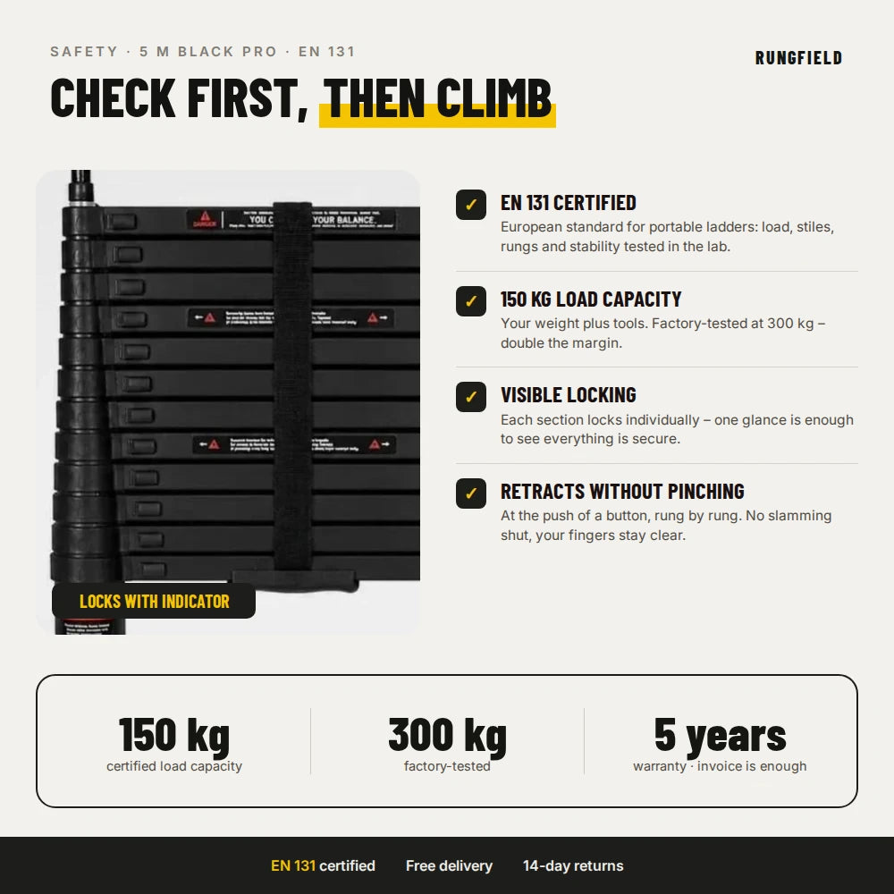 Telescopic ladder 5 m Black Pro – safety: EN 131, 150 kg, locking mechanism