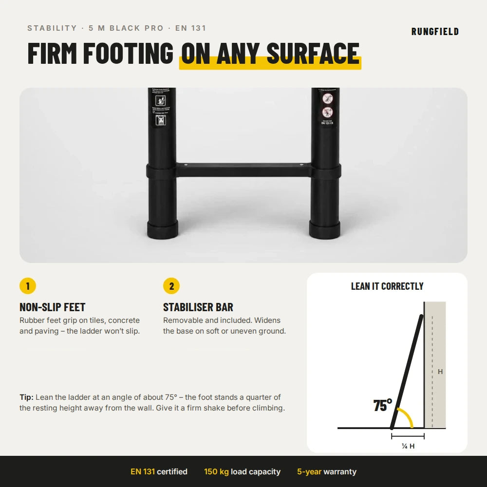 Telescopic ladder 5 m Black Pro – stability: non-slip feet and 75° leaning angle