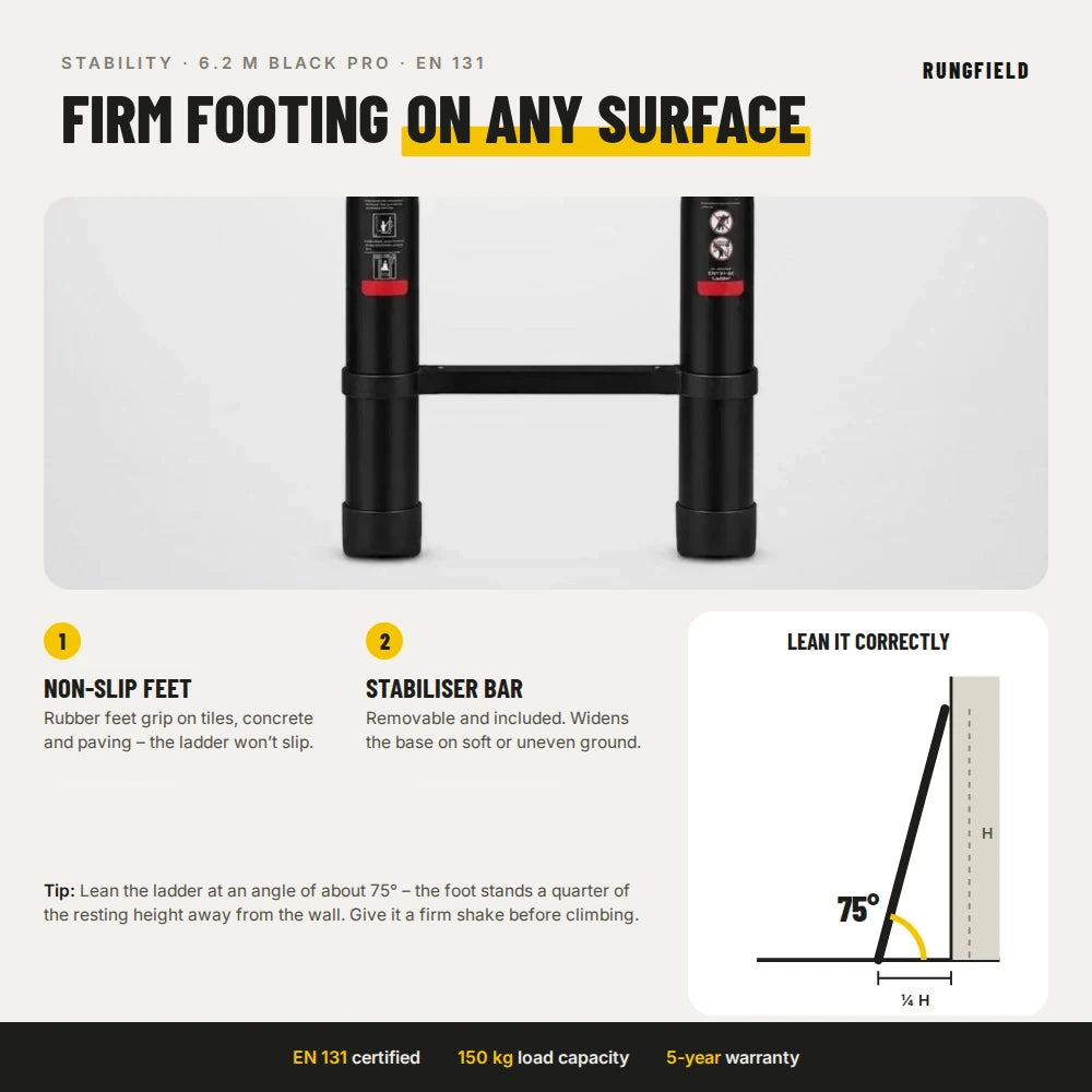 Telescopic ladder 6.2 m Black Pro – stability: non-slip feet and 75° leaning angle